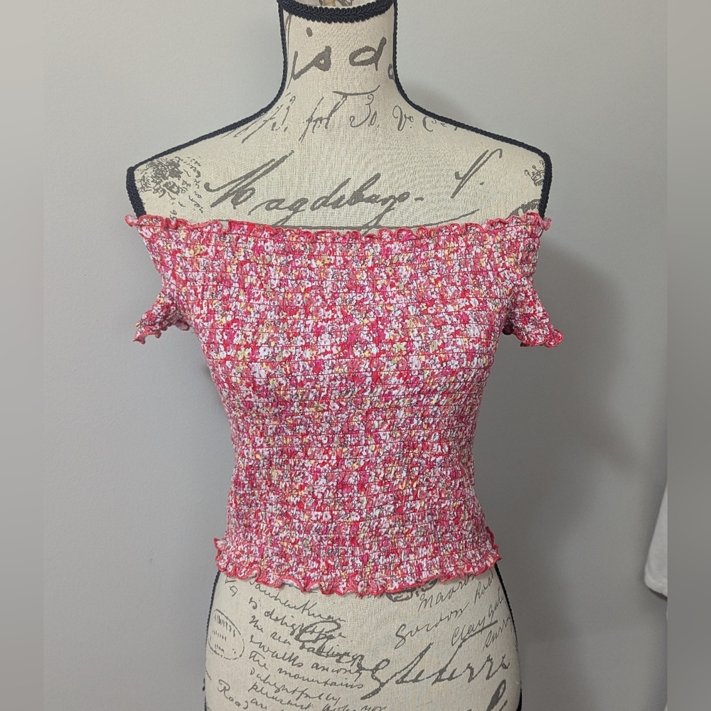 SO Tube Top Women's Large Pink Ditzy Floral Smocked Elastic Crop Off Shoulder